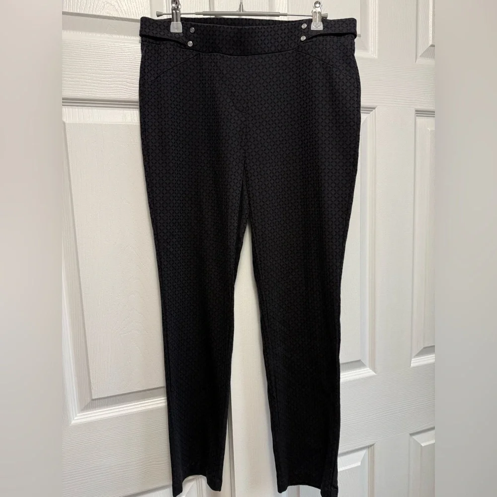Rafaella black textured dress pants pull on style logo metal studs at waist 8
